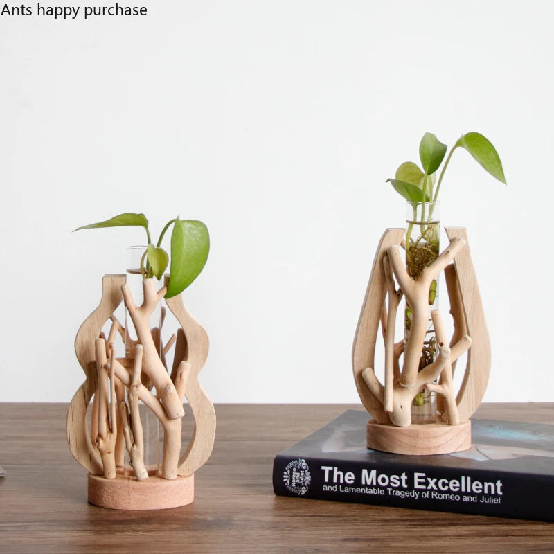 Pure Handwork Wooden Vase Decorated Solid Wood Flower Pot for Creative Glass Floral Hydroponic Container Home Decorative Vase
