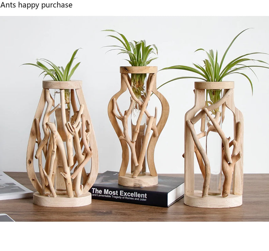 Pure Handwork Wooden Vase Decorated Solid Wood Flower Pot for Creative Glass Floral Hydroponic Container Home Decorative Vase