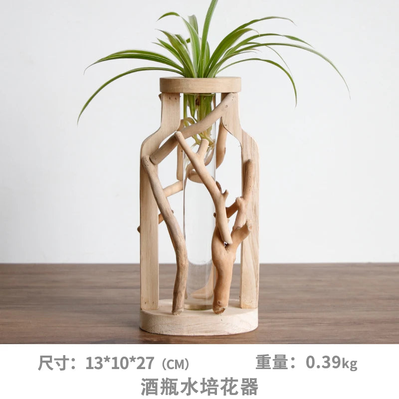Pure Handwork Wooden Vase Decorated Solid Wood Flower Pot for Creative Glass Floral Hydroponic Container Home Decorative Vase