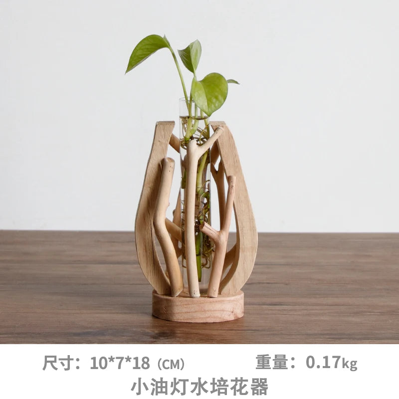 Pure Handwork Wooden Vase Decorated Solid Wood Flower Pot for Creative Glass Floral Hydroponic Container Home Decorative Vase