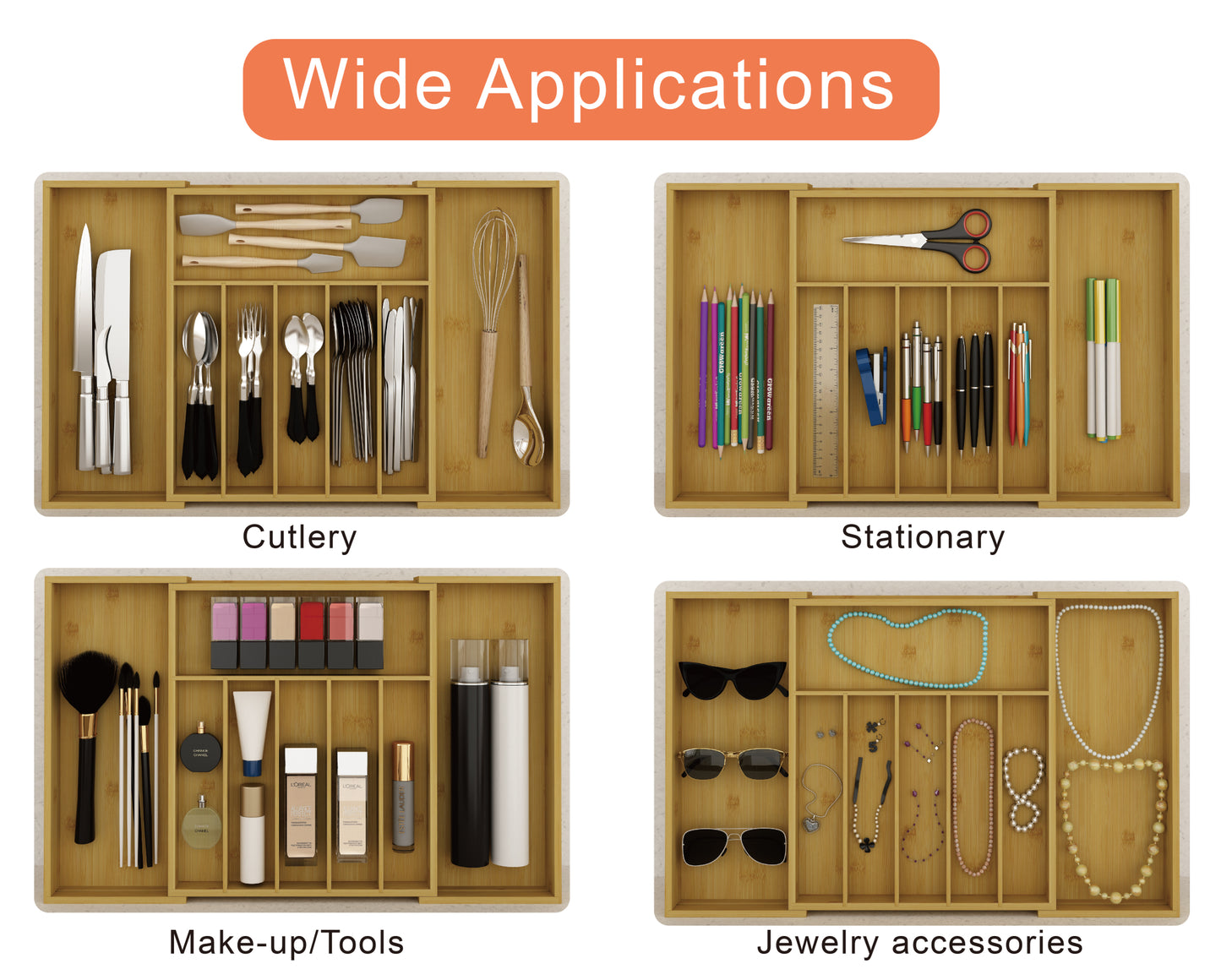 Wooden Cutlery Tray Drawer Storage Organizer, Insert for Kitchen Utensils