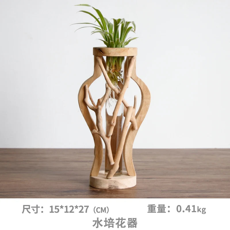 Pure Handwork Wooden Vase Decorated Solid Wood Flower Pot for Creative Glass Floral Hydroponic Container Home Decorative Vase