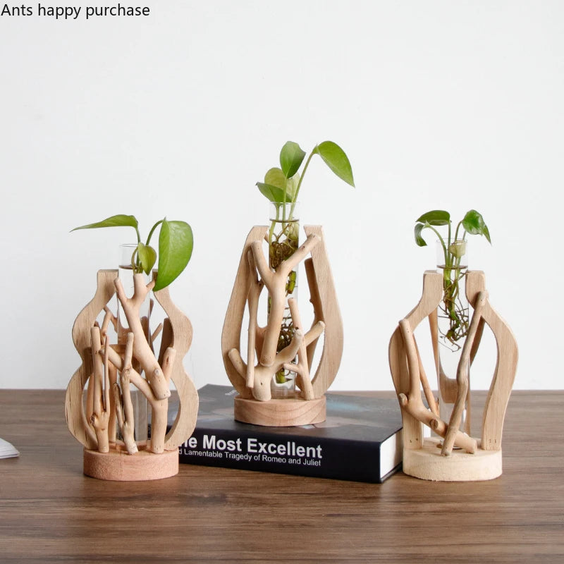 Pure Handwork Wooden Vase Decorated Solid Wood Flower Pot for Creative Glass Floral Hydroponic Container Home Decorative Vase