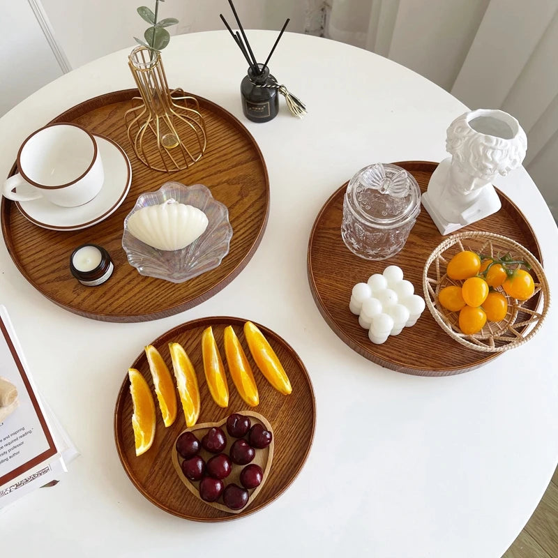 Japanese Wooden Table Tray Simple round Tray Decorative Trays Snack Plate Sundries Display Organizer Desktop Decorative Plate