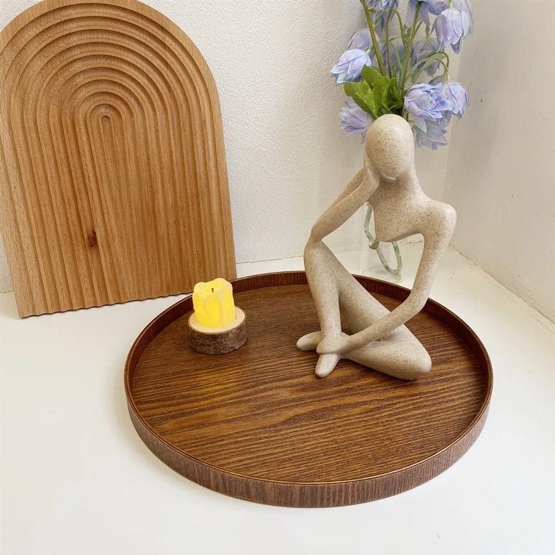 Japanese Wooden Table Tray Simple round Tray Decorative Trays Snack Plate Sundries Display Organizer Desktop Decorative Plate