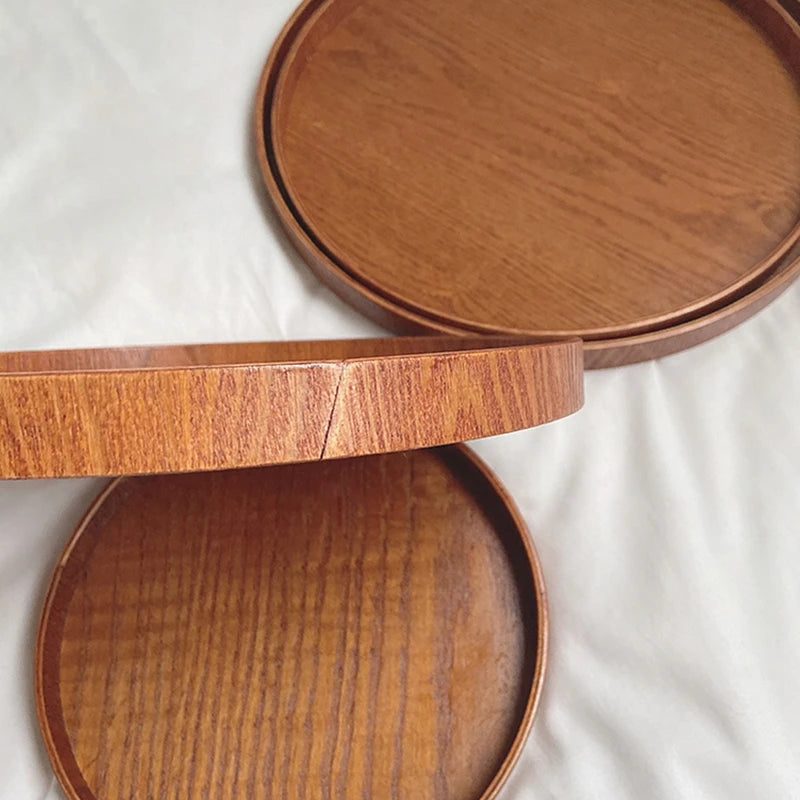 Japanese Wooden Table Tray Simple round Tray Decorative Trays Snack Plate Sundries Display Organizer Desktop Decorative Plate