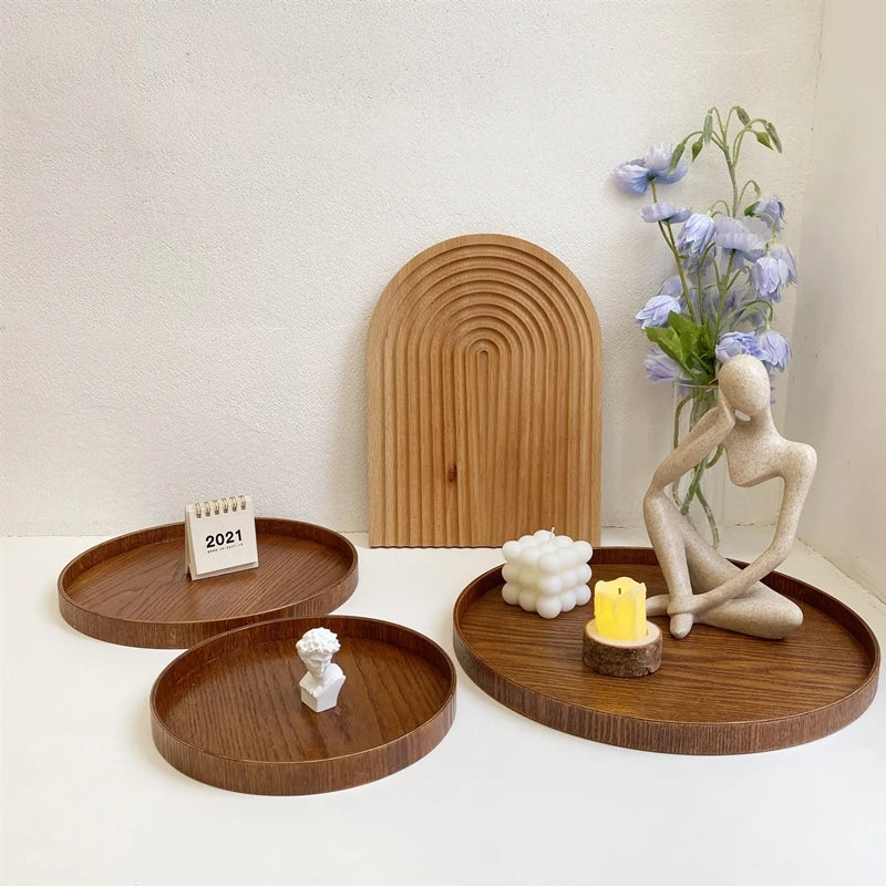 Japanese Wooden Table Tray Simple round Tray Decorative Trays Snack Plate Sundries Display Organizer Desktop Decorative Plate
