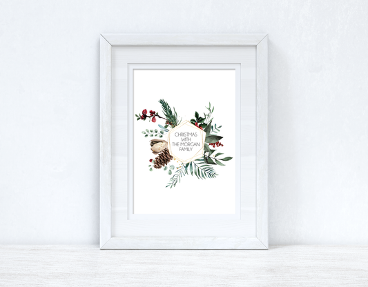 Personalised Custom Wording Christmas With the Surname Family Wreath Christmas Seasonal Wall Home Decor Print-1