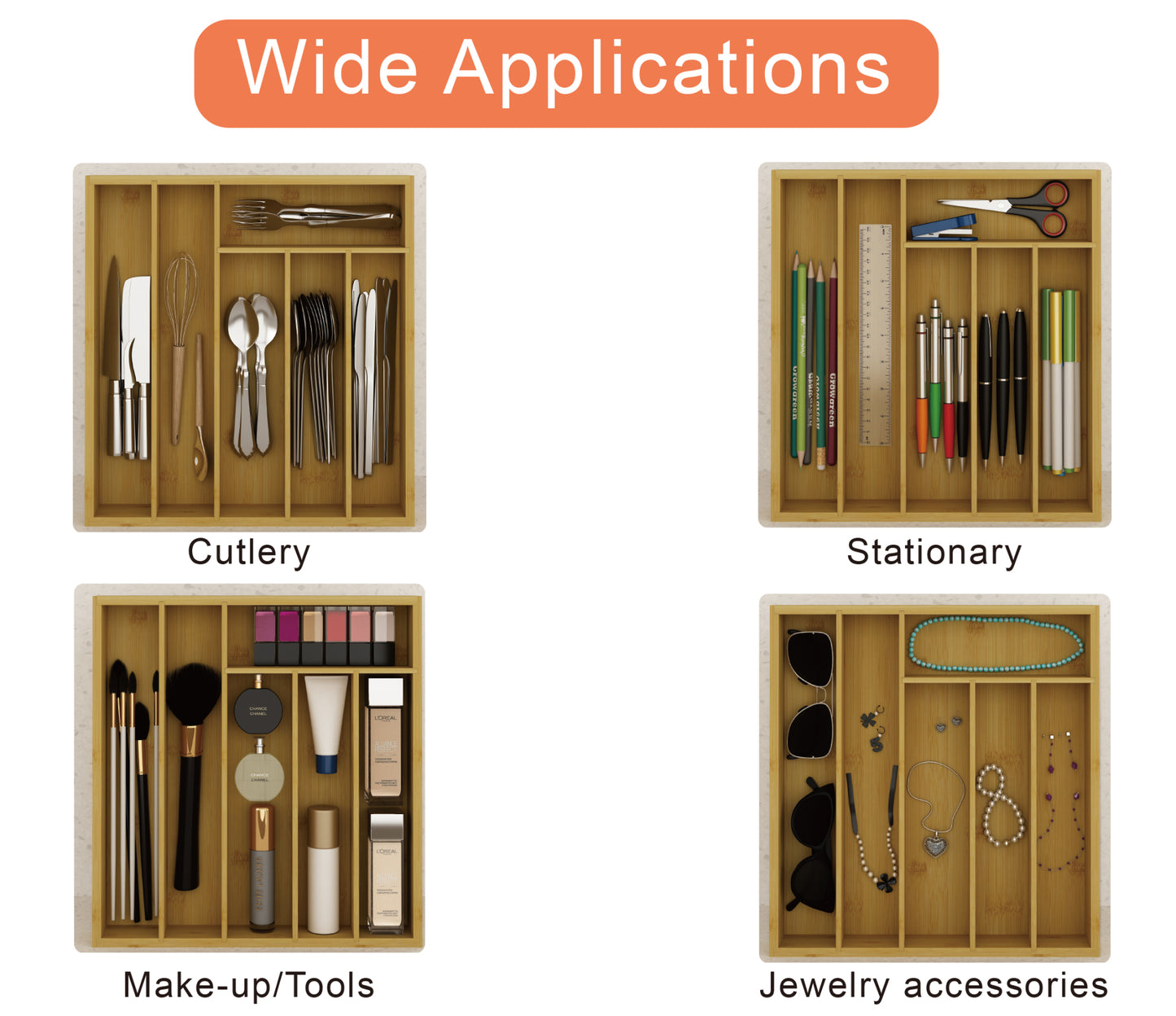 Wooden Cutlery Tray Drawer Storage Organizer, Insert for Kitchen Utensils