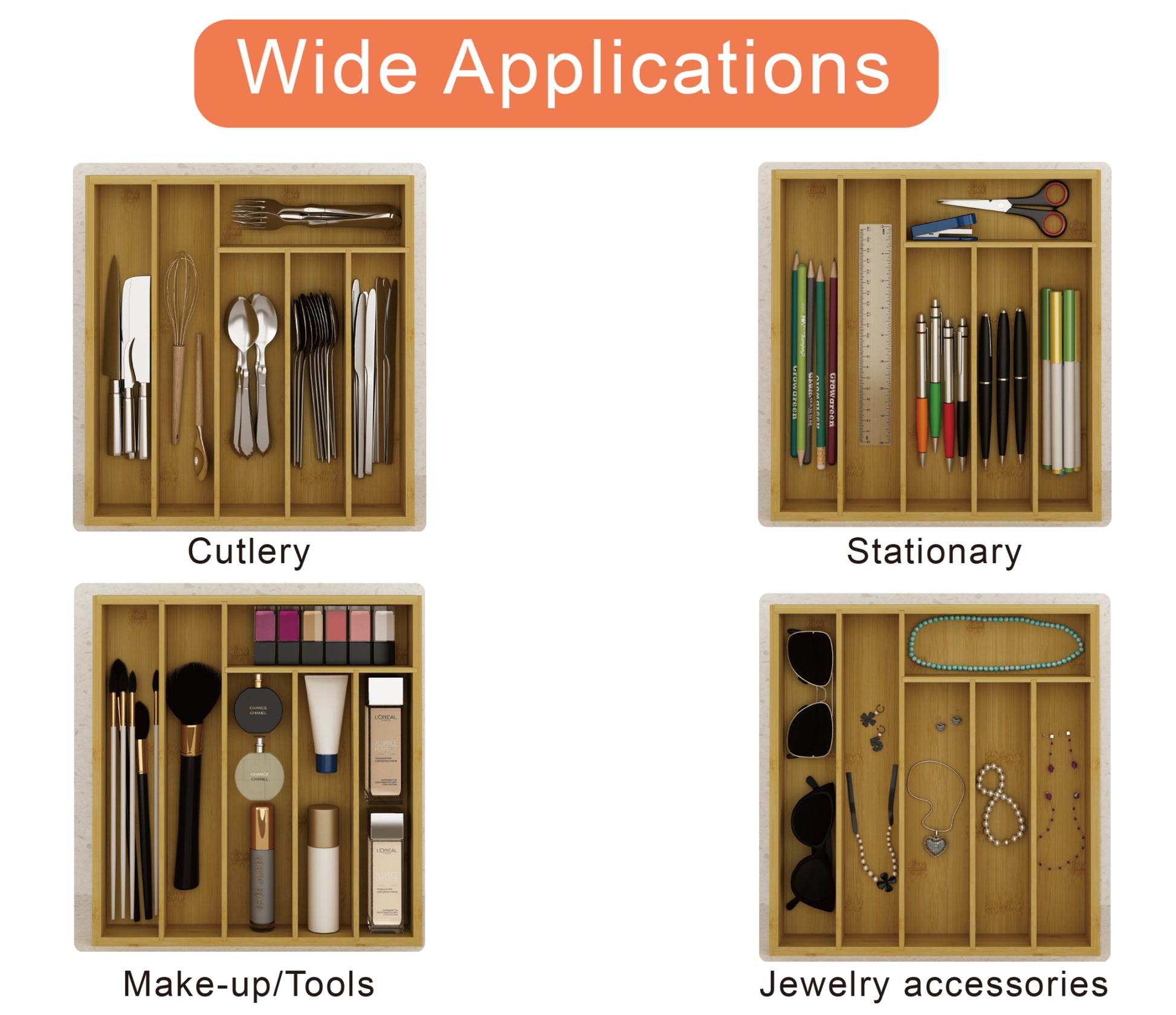 Wooden Cutlery Tray Drawer Storage Organizer, Insert for Kitchen Utensils